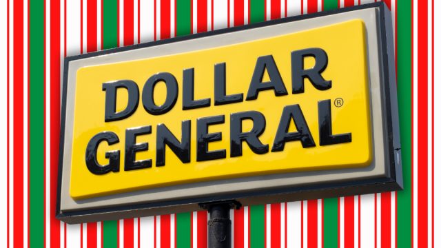 Dollar General sign with a striped Christmas background