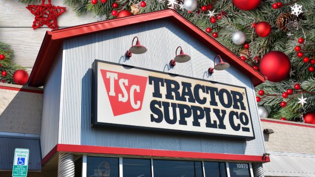 Tractor Supply store with a Christmas background