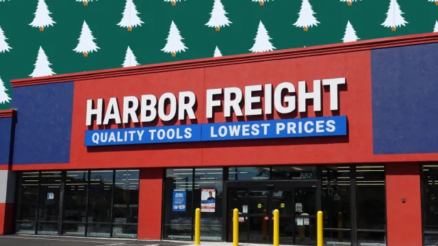 Harbor Freight store with a Christmas tree background