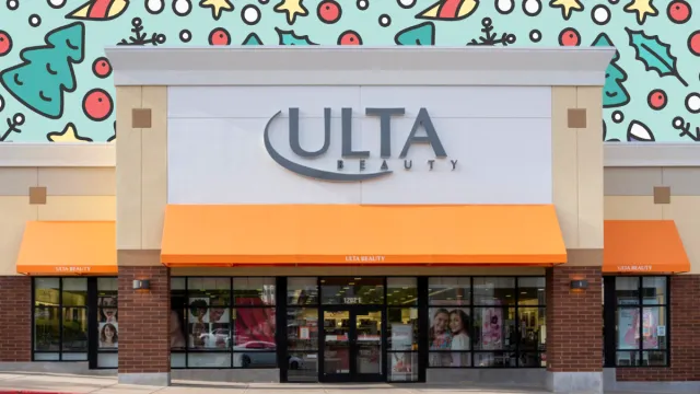 Ulta store with a colorful holiday background